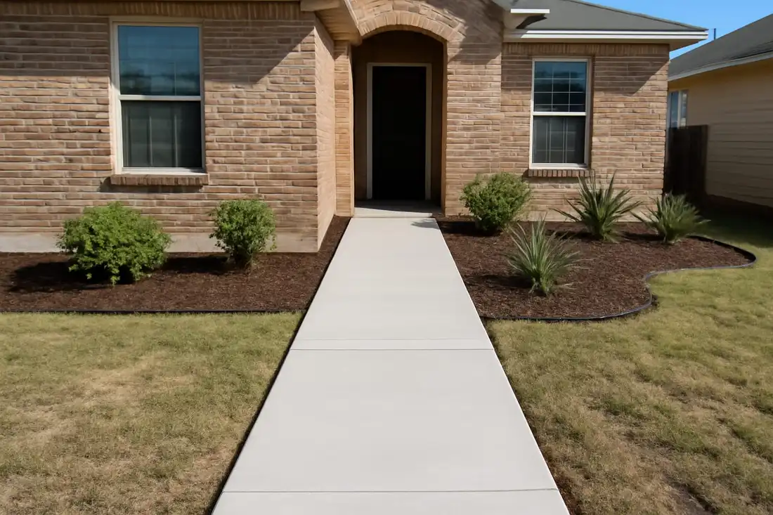 A smooth new concrete walkway next to a Laredo home